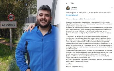 Lluís Ribas, regidor d’Arbúcies, abandona la militància de les CUP per la gestió de la pandèmia Ho ha fet públic per carta a les xarxes social